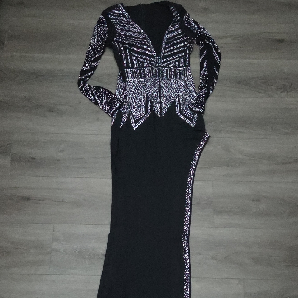 Elegant Long Sleeve Black and Silver Women's Dress With High Side Slit Women M
